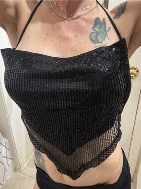 SHEIN Black Sequin Halter Cami Top